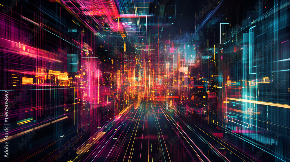 A futuristic abstract city landscape filled with bright colorful lights and lines A futuristic abstract city landscape filled with bright colorful lights and lines