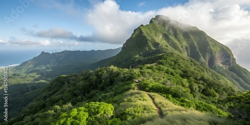 Mountain Vista: A breathtaking panoramic vista unfolds, showcasing verdant mountains under a sky dotted with fluffy clouds, evoking feelings of serenity. 