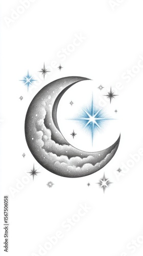 Crescent Moon and Bright Blue Star Illustration