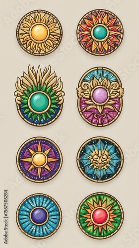 Eight Ornate Circular Emblems Pixel Art Jewel Tones Gold Designs