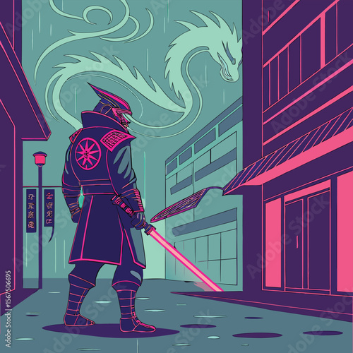 Cyberpunk samurai stands in a neon city street with a dragon in the rainy sky above him at night