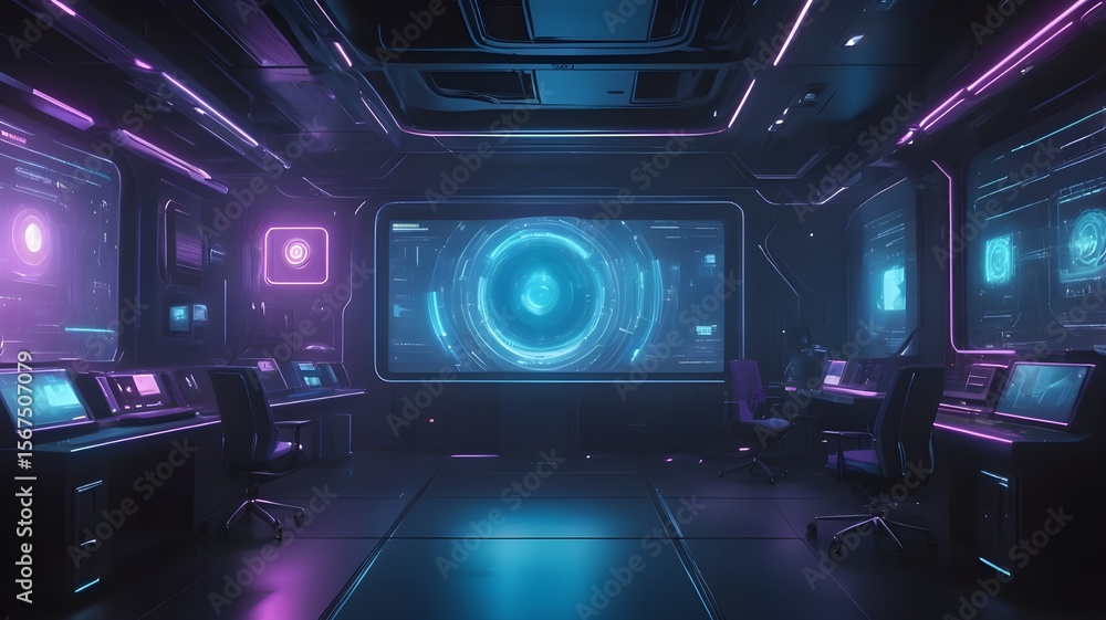 Futuristic Control Room with Neon Interfaces and Data Panels Futuristic Control Room with Neon Interfaces and Data Panels