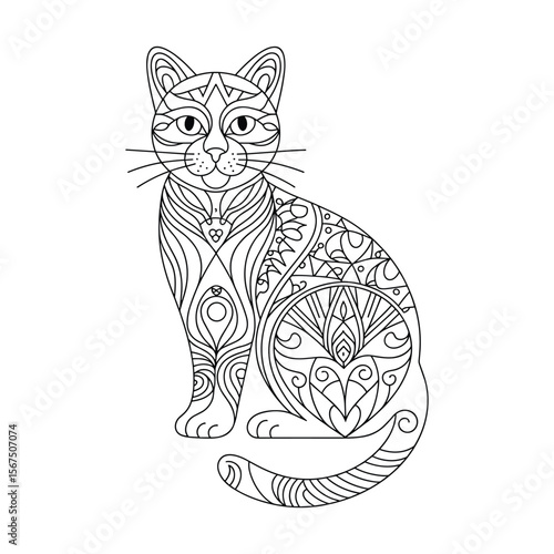 Intricate black and white mandala cat illustration sitting gracefully with detailed patterns