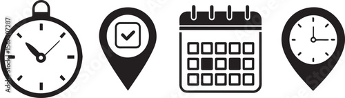 Set of four black icons representing time location and calendar schedule isolated on transparent background