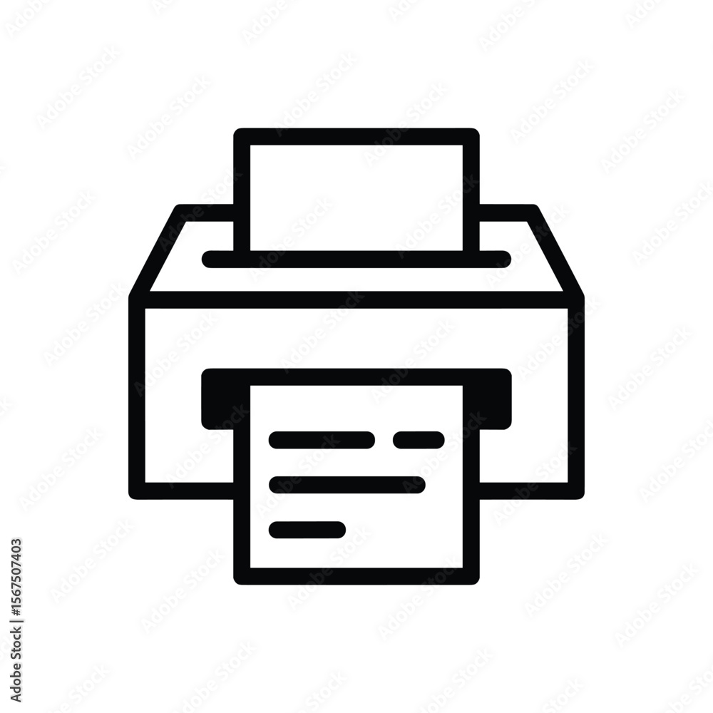Simple black and white line art icon of a printer outputting a document Simple black and white line art icon of a printer outputting a document