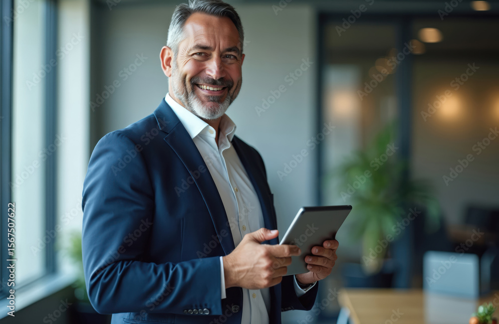 Confident middle aged businessman in suit holds digital tablet in modern office. Smiling pro executive uses tech device for work. Mature male company leader portrait, ready for business. Confident middle aged businessman in suit holds digital tablet in modern office. Smiling pro executive uses tech device for work. Mature male company leader portrait, ready for business.