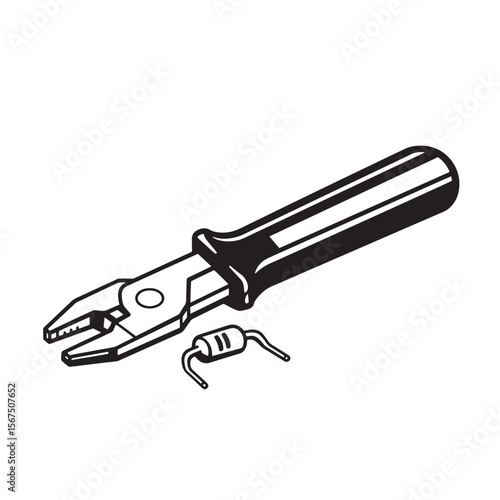 Black and white illustration of wire cutter and electronic component on a white background