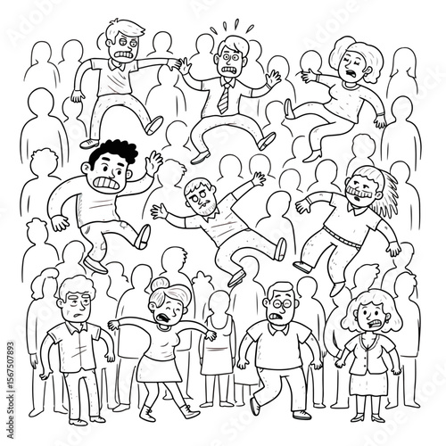 Crowd panic, falling people, chaos, emergency, fear, distress