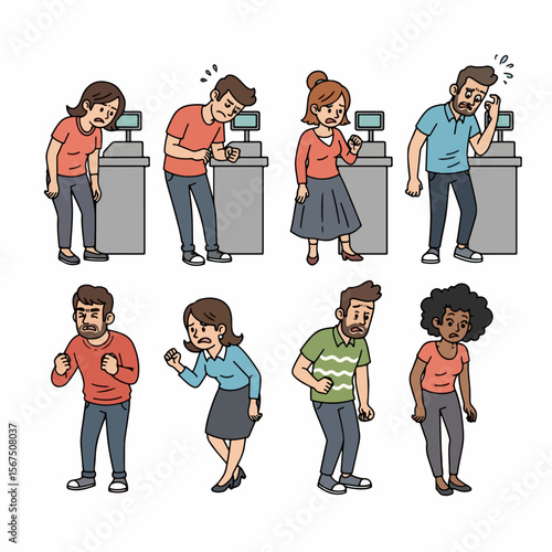 Frustrated people, customer service, unhappy expressions