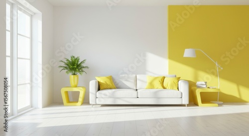 Bright, modern living room with a pop of yellow.  Spacious and inviting interior design