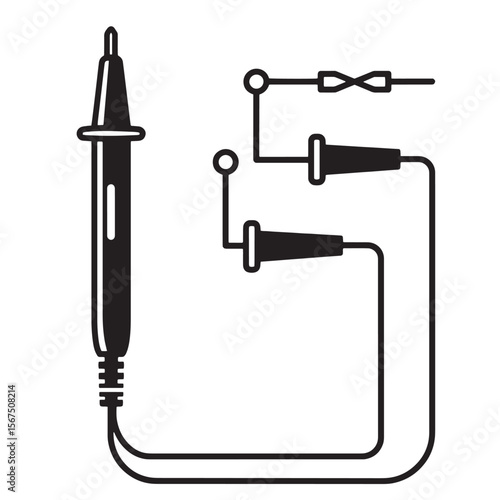 Black and white vector illustration of a multimeter and test probes for electrical testing