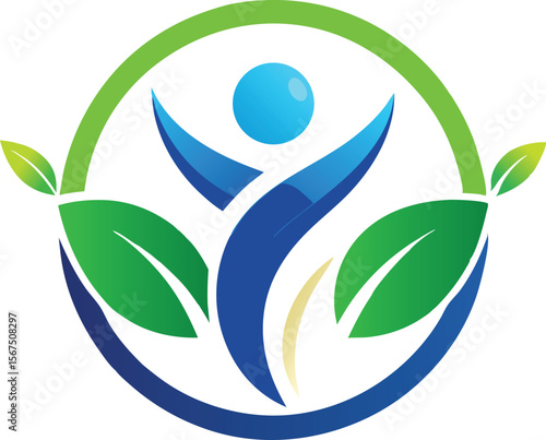 Stylized human figure with outstretched arms and a blue head inside a circular green and blue frame with leaves isolated on transparent background