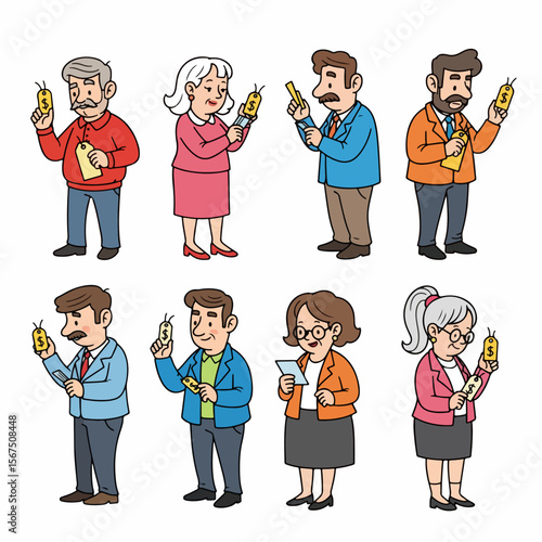 People holding money, diverse characters, financial concept