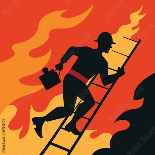 Firefighter Running Up Ladder Amidst Fiery Inferno Courageous Rescue Scene
