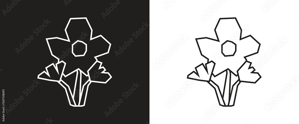 Fototapeta premium Blooming Flower Icon in Black Line Art and White Line Art Cutout Style