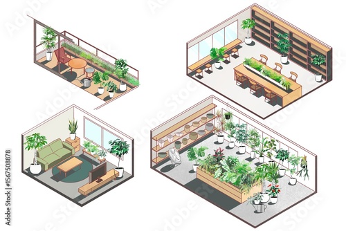 観葉植物とインテリアのアイソメトリックイラストのセット