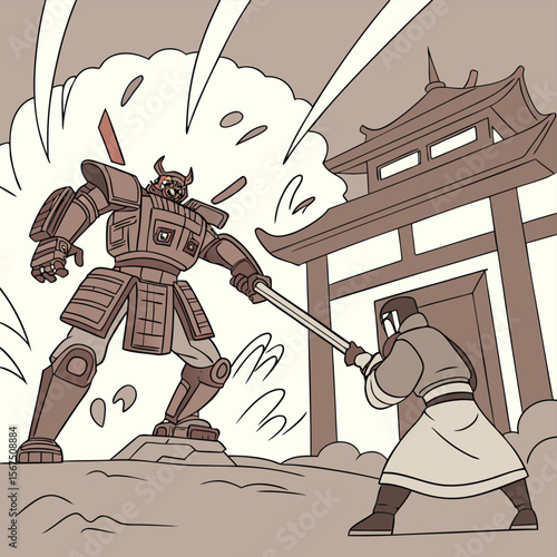 A samurai robot faces a warrior with a staff in front of a japanese style building structure