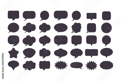 Set of black speech bubble icons. Collection of various callouts for comic, manga, and chat. Flat vector silhouette dialogue boxes.