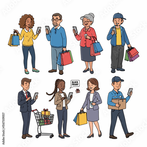 People shopping with phones and bags black friday sale