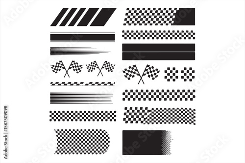 Racing flag, stripe, and checkered flag design collection for motorsport themes.