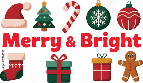 Christmas icons Santa hat Christmas tree candy cane gift gingerbread merry and bright text