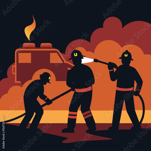 Three Firefighters Bravely Battling a Fierce Blaze Near a Firetruck
