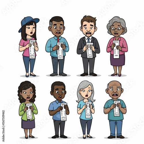 Shocked people holding bills financial problems expense