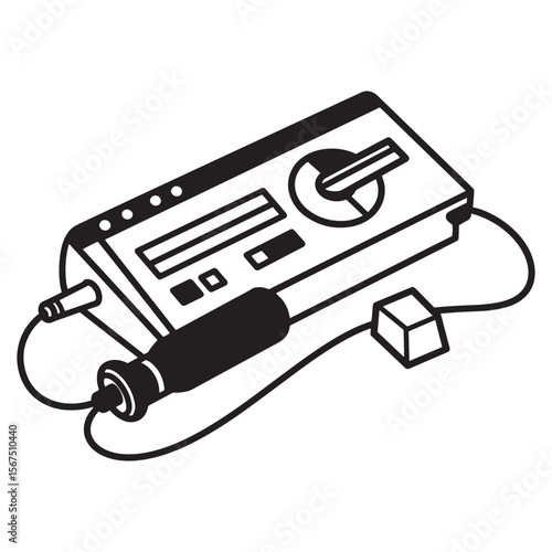 Illustrated electronic equipment with knob and input outputs in monochrome style