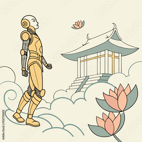 Robot walking towards asian temple in the clouds with lotus flowers in a serene and peaceful scene
