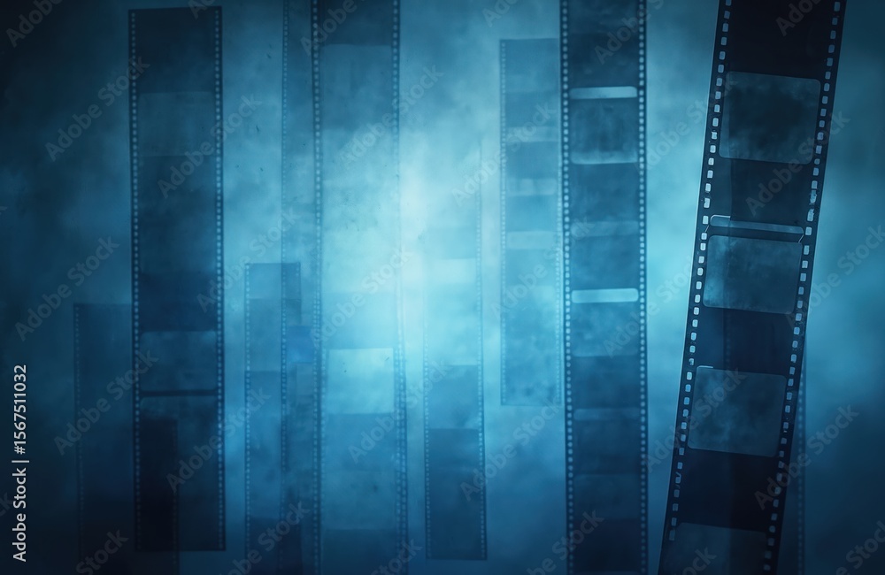 Obraz premium Blue abstract background with vintage filmstrip frames. Cinematic, nostalgic, retro movie film texture. Multiple filmstrips arranged vertically, some blurred. Evokes memories of old movies.