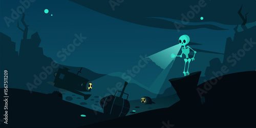 A Dark Underwater Shipwreck Scene Lit Only By A Faint Light
