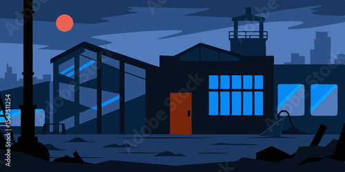 A Derelict Industrial Warehouse At Dusk With Rust