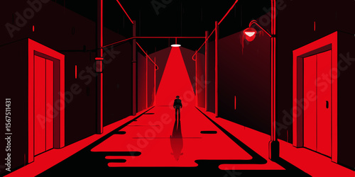 Narrow Alley Bathed In Red Neon Light With Drips