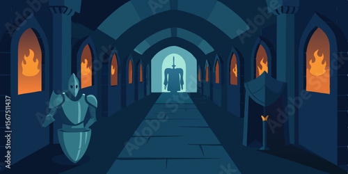 Mysterious Castle Hallway Lined With Old Armor And Shadows