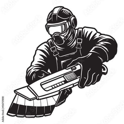 Professional in hazmat suit and safety gear using utility knife for precise cutting