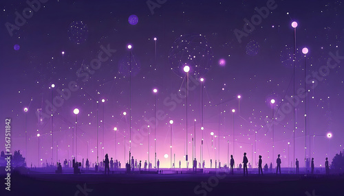 Ethereal Gathering: Silhouetted Figures Beneath a Network of Glo