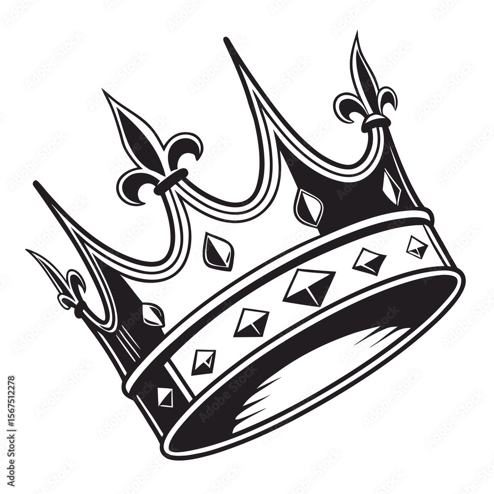Fototapeta premium Elegant black and white stylized crown illustration with fleur de lis and diamond motifs on white background