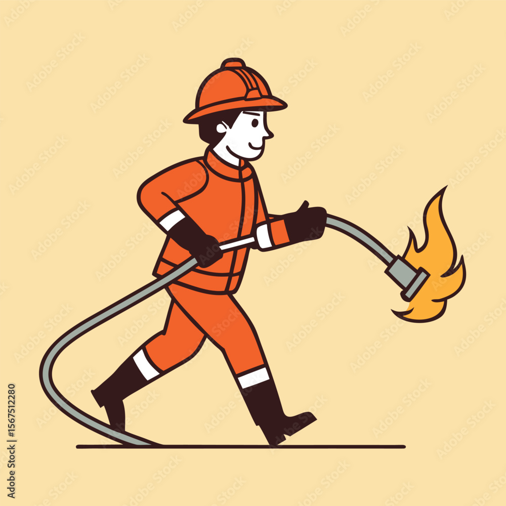 Obraz premium Brave Firefighter Running with Hose Extinguishing Flames