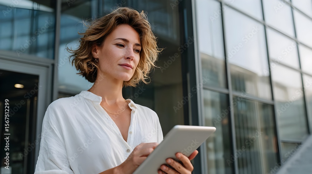 Fototapeta premium Professional Woman Using Tablet Outside Office