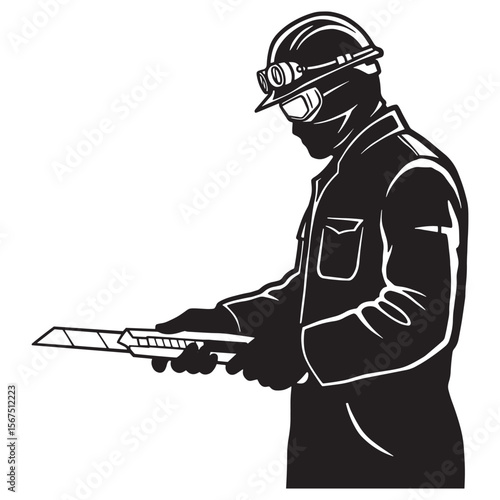 Silhouetted construction worker in uniform holding a razor knife black and white illustration