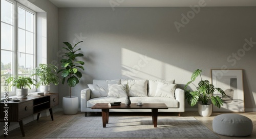 Modern living room with sunlight, plants, and comfortable furniture