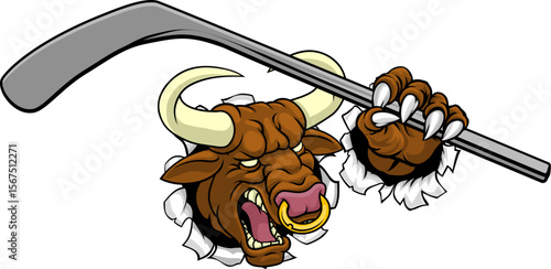 A bull or Minotaur monster longhorn cow angry mean ice hockey mascot cartoon character.