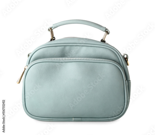 Stylish blue handbag on whi...