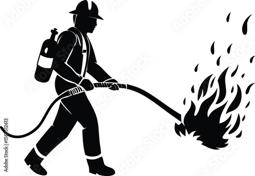 Silhouette of a Firefighter Bravely Battling a Blaze with a Hose