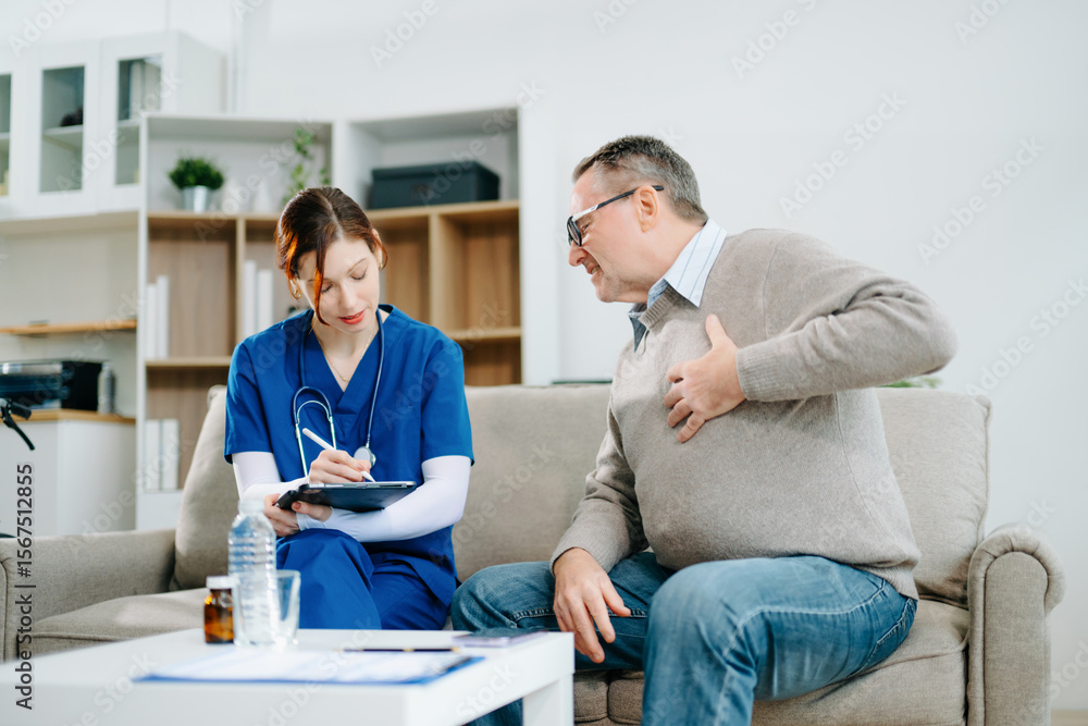 Obraz premium Elderly man receives home healthcare checkup as nurse uses stethoscope with care and professionalism. Medical, support