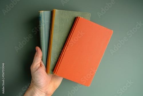 High Detail Visual of Closeup of Hand Holding Three Colored Books