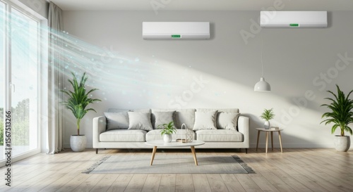An indoor scene with two air conditioners above a couch, with air streams, plants, and a window