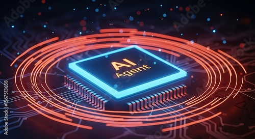 Ai generated image of a glowing ai agent chip sits on a futuristic circuit board