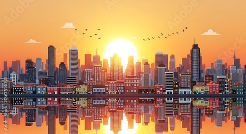 Ai generated image of the city skyline is reflected in the water at sunset