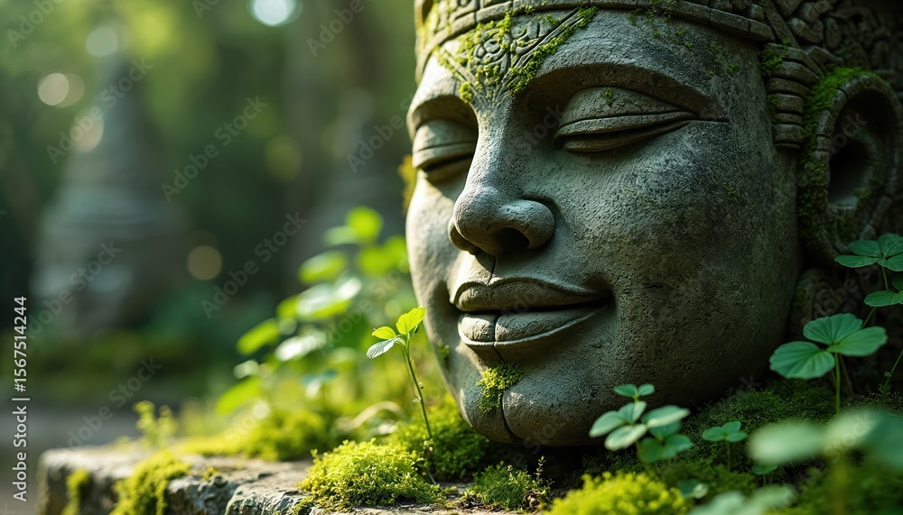 Obraz premium Ancient stone sculpture of serene face, partially covered in green moss, vegetation. Weathered carving suggests mysterious smile, evoking sense of ancient civilization, culture, archaeological